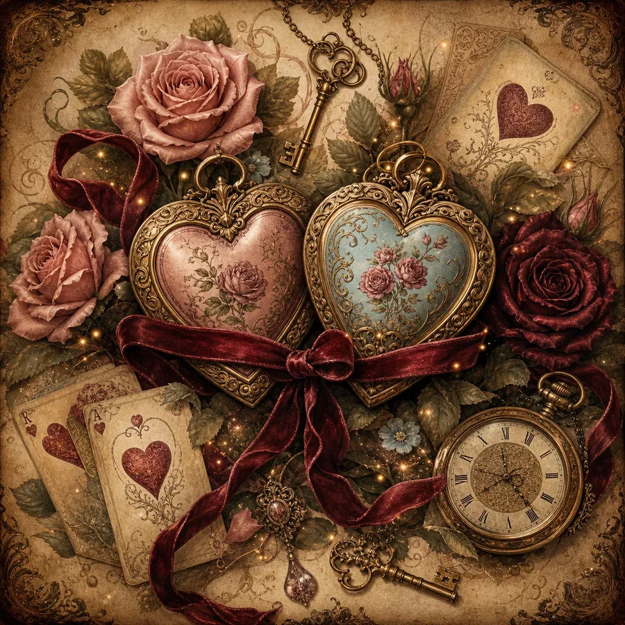 Corazones antiguos, rosas y llaves