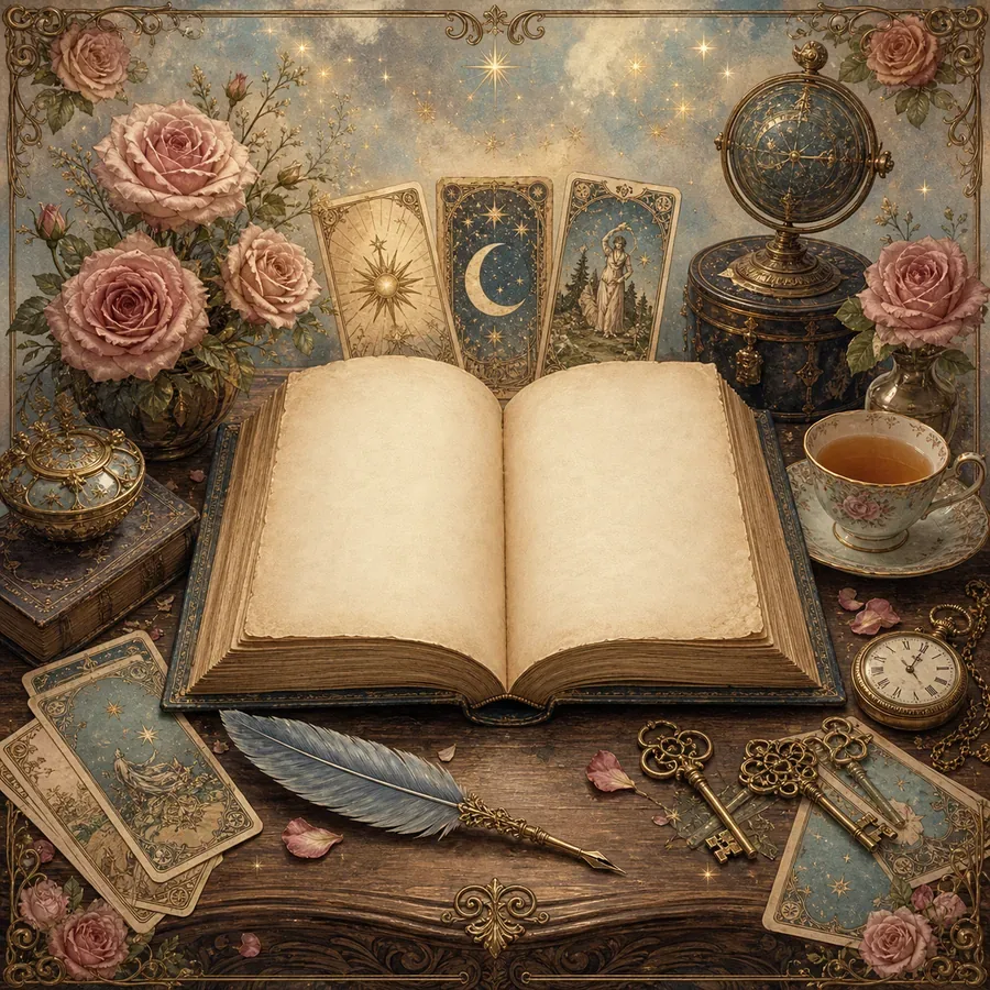 Libro de tarot, cartas, rosas y objetos antiguos